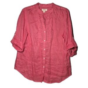 Charter Club Luxury Blouse Top Women Size L Barbie Pink Linen 3/4 Sleeve Eyelet